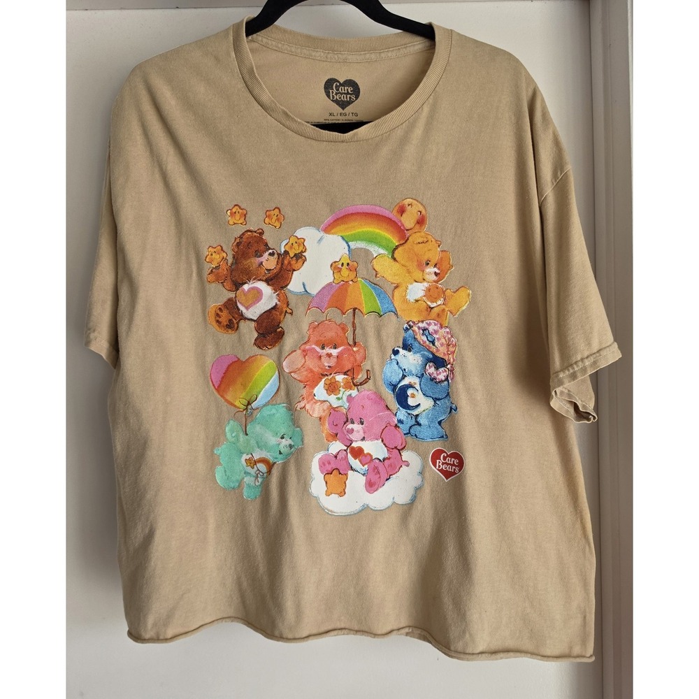 Care Bears Women's XL T-Shirt Tan Cotton Cartoon Graphic Short Sleeve Crew Neck